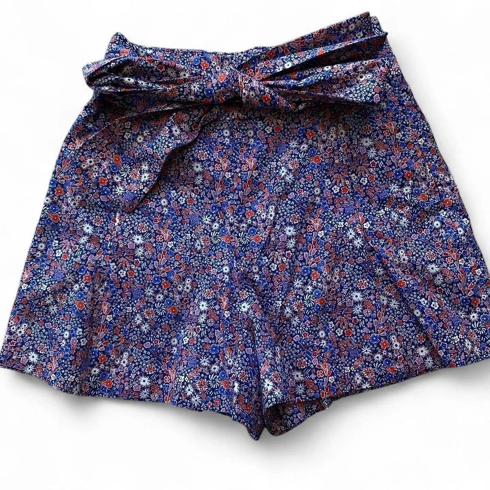 J.Crew Liberty London Tana Lawn Floral Tie-Waist Shorts Blue Red K7661 Size 2